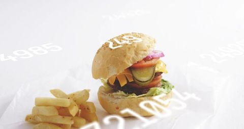 Cheeseburger featuring melting cheddar, pickles and fries on bright minimal surface