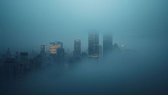 Misty Skyline with Illuminated Buildings at Dusk