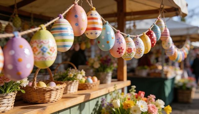 Hand-Painted Easter Egg Garland Decorating Spring Market Stall with Floral Baskets