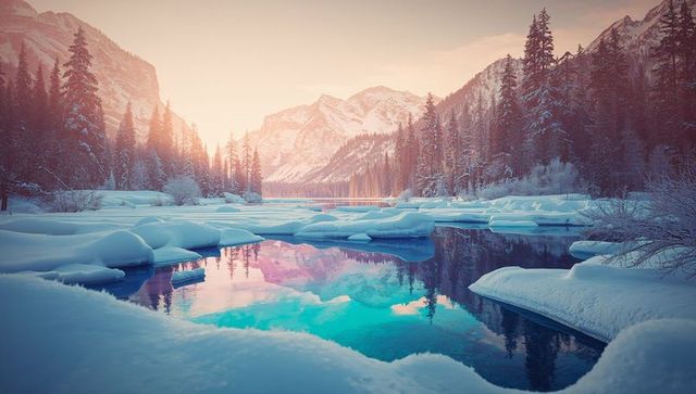 Tranquil Frozen River in Snow-Capped Mountain Forest at Sunrise