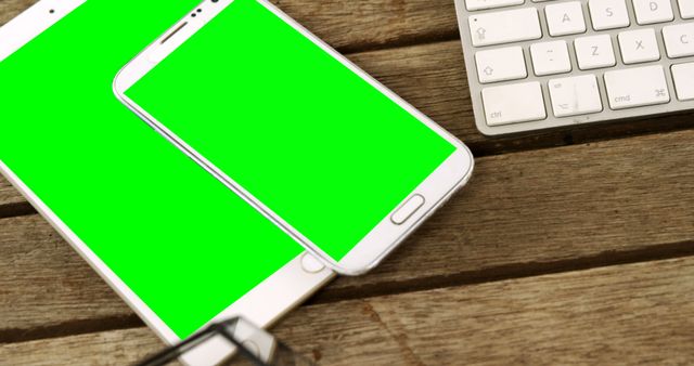 Green Screen Devices on Wooden Table Near Keyboard - Download Free Stock Images Pikwizard.com