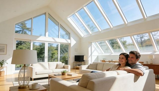 Sunlit modern minimalist living room with skylights and smiling couple relaxing on cozy sofa