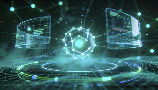 Rotating holographic network sphere hovering over cyber grid with curved data dashboards