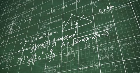 Mathematical equations on chalkboard with grid background