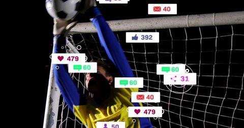 Football Goalkeeper with Soaring Social Media Icons and Notifications