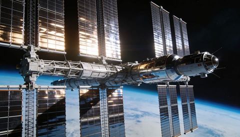 Orbiting modular space station with sunlit solar arrays and docking port in low earth orbit