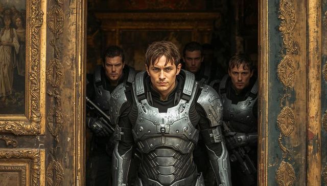 Armored squad entering gilded hallway guiding lead soldier in futuristic exosuit assault