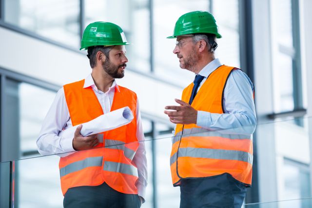 Two architects wearing green hard hats and orange safety vests are discussing a project in a modern office corridor. One is holding blueprints while they engage in conversation. This image can be used for themes related to construction, engineering, teamwork, professional collaboration, and workplace communication.