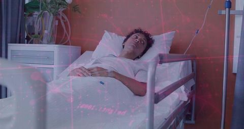 Woman resting in hospital bed receiving iv infusion with digital health network overlay