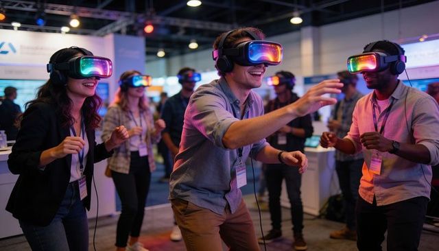 Young professionals wearing vr headsets at tech expo engaging in immersive demo experience