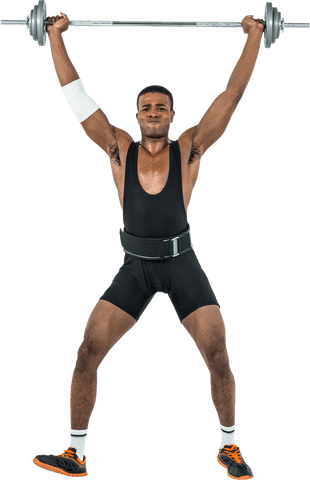 Weightlifting athlete raising heavy barbell on transparent background
