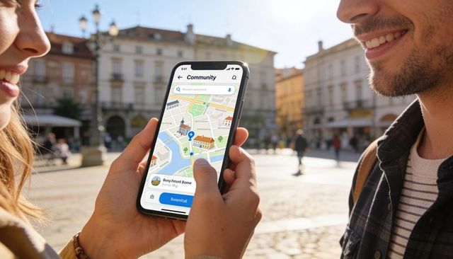 Holding smartphone and tapping map app while exploring sunlit European plaza with location pin