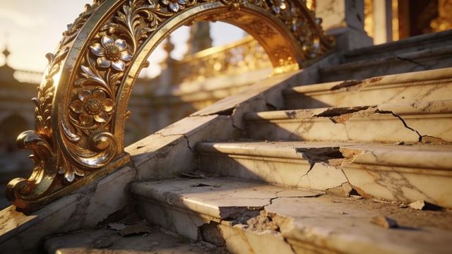 Cracked marble staircase featuring gilded ornate railing catching warm sunset light