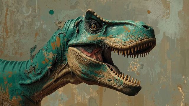 Weathered dinosaur sculpture in industrial art studio