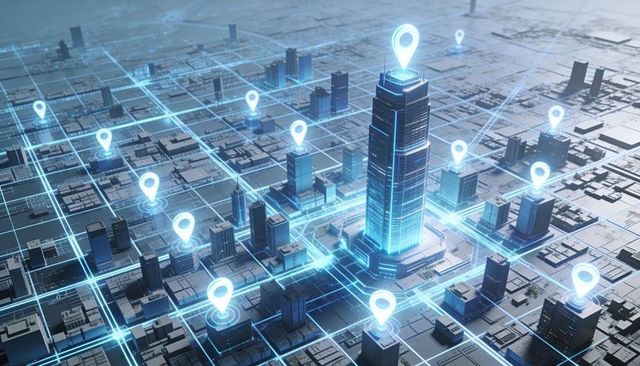 Neon smart city network connecting central tower with glowing geolocation beacons
