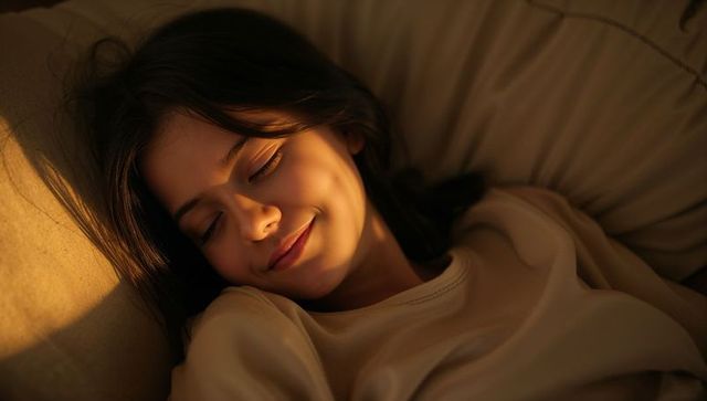 Sunlit young woman resting on pillow smiling peacefully while basking in warm golden light