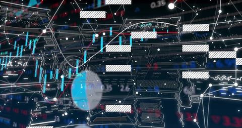 3D Financial Data Display with Candlestick Charts, Network Nodes, Futuristic Dashboard