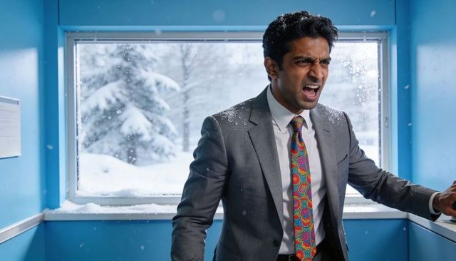Executive shouting and leaning inside snowy blue booth, urgent tense business moment