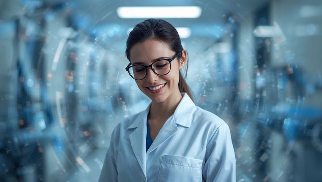 Smiling female physician using augmented reality in high-tech hospital corridor