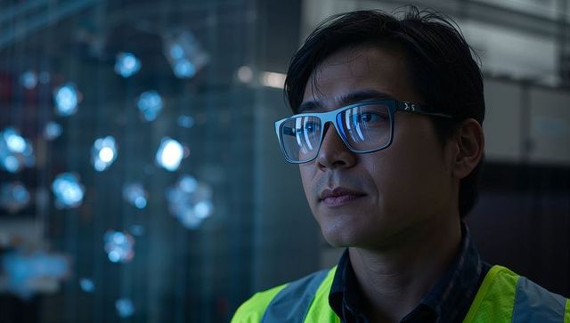 Asian technician wearing hi-vis vest and glasses watching LED reflections in modern atrium