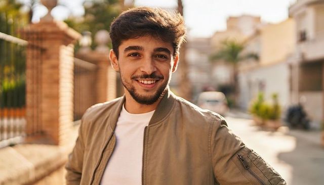 Smiling young man enjoying golden hour on sunlit urban street wearing khaki bomber jacket