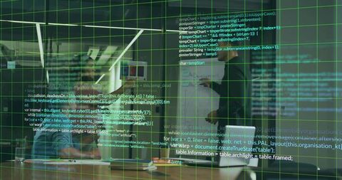 Developers Analyzing Code with Digital Overlay in Modern Office