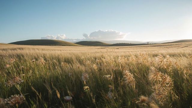 Swaying golden grasses and wildflower seedheads on rolling hills at warm sunset light
