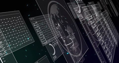 Futuristic holographic data interface with central circular hud and neon floating panels