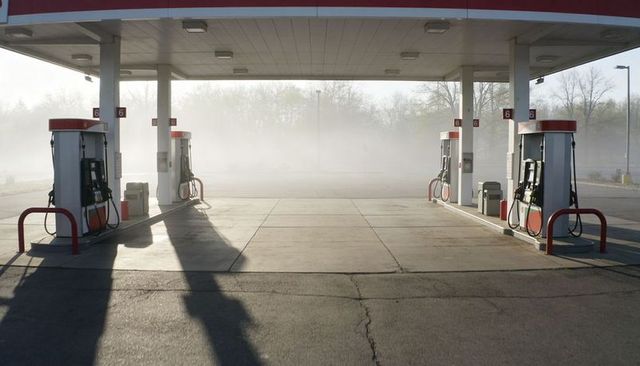 Foggy dawn gas station canopy casting long shadows over empty cracked forecourt