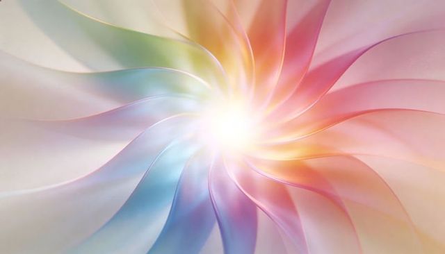 Spiraling pastel ribbons radiating warm core light, glowing satin gradient abstract artwork