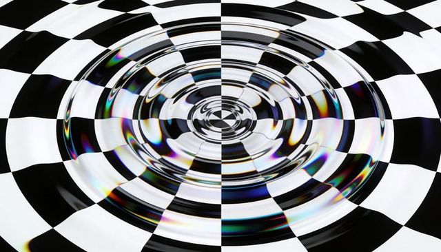 Iridescent checkerboard ripple creating concentric lens distortion and optical bullseye
