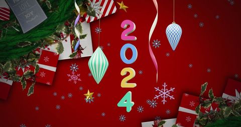 Colorful 2024 celebratory design with christmas decor