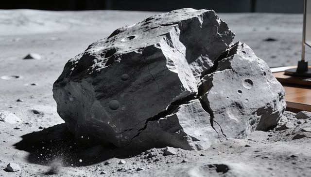Fractured moon boulder sitting on lunar regolith with dust spray and lander strut