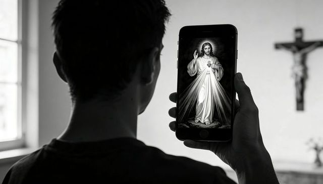 Young man holding smartphone showing divine mercy jesus in chapel, monochrome contemplation