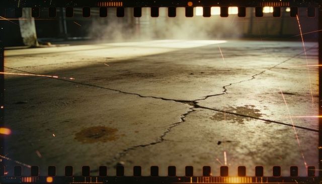 Cinematic cracked concrete floor with oil stains and vintage film sprocket border