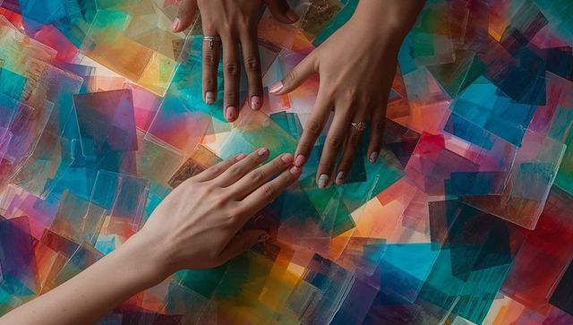 Three hands resting on vibrant translucent mosaic sheets showing manicures and rings