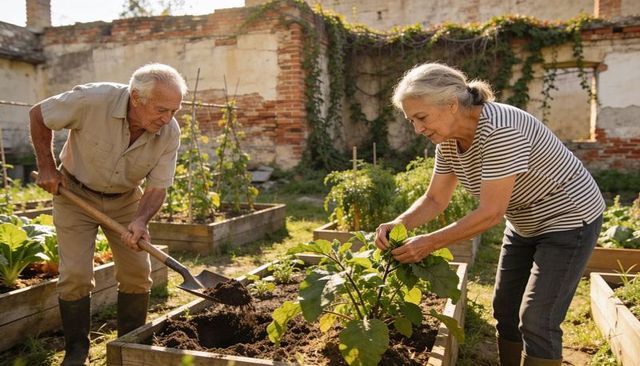 Senior couple tending sunlit walled vegetable garden in raised beds with brickwork and ivy