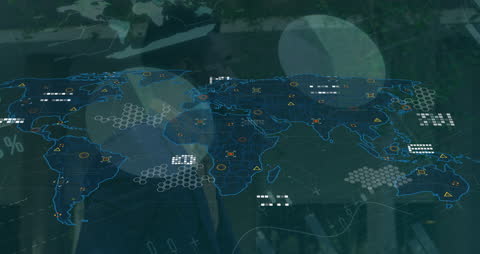 Technological Overlay on World Map with Digital Analytics