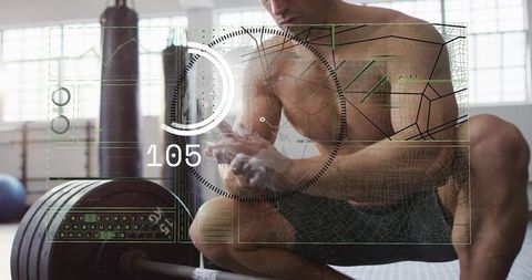 Muscular athlete preparing heavy deadlift with futuristic hud performance overlay