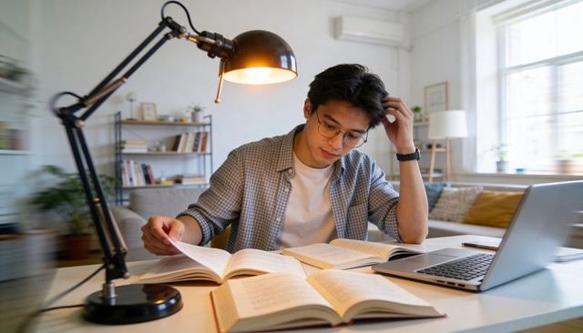 Male student studying at home with laptop and textbooks under desk lamp for exam prep