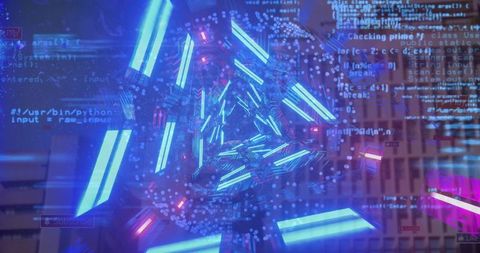 Blue Neon Vortex of Holographic Bars and Floating Code Inside Futuristic Cyber Tunnel