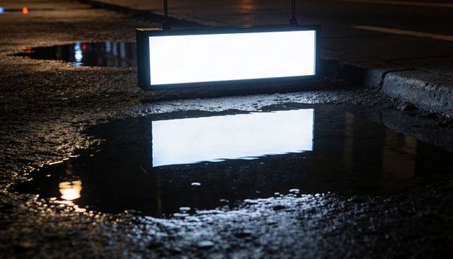 Hanging Illuminated Rectangular Sign Reflecting in Rain Puddle on Wet Urban Asphalt at Night