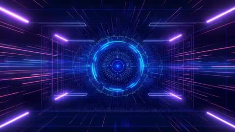 Futuristic Cyber Tunnel with Holographic Interface and Neon Streaks