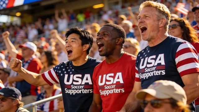 Three usa soccer supporters cheering loudly in stadium showing patriotic team spirit