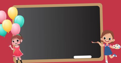 Cheerful children by blackboard with balloons and art supplies