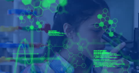 Futuristic Science Data Animation with Schoolgirl Microscope Exploration