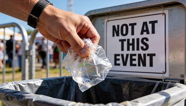 Hand holding clear plastic bag dropping into trash at outdoor festival next to 'not at this event' s