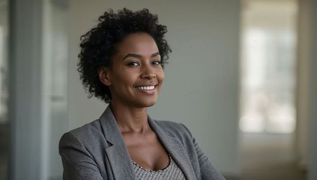 Businesswoman in gray blazer smiling with confident posture in modern office headshot