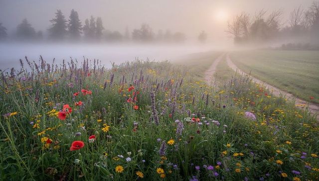 Misty dawn wildflower meadow with dew-kissed poppies and curving dirt track