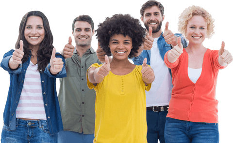 Diverse group of colleagues showing thumbs up with transparent background